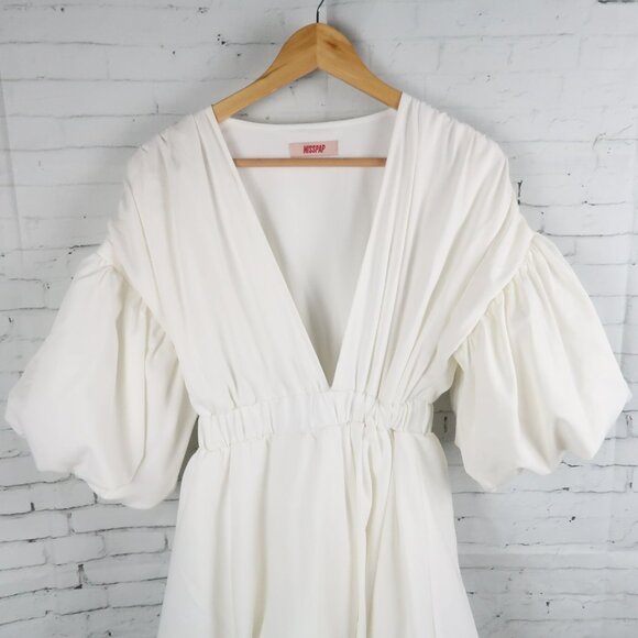 MISSPAP WHITE DEEP V NECK 1/2 PUFF SLEEVE BUBBLE DRESS SIZE 10 - Picture 6 of 9